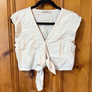 Abercrombie & Fitch White Tie-Front Blouse - Cropped - Linen Blend - Size Medium